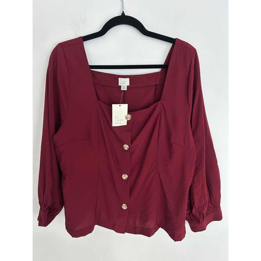 A New Day NWT Womens XL Burgundy Square Neck Button Front Puff Sleeve Blouse
